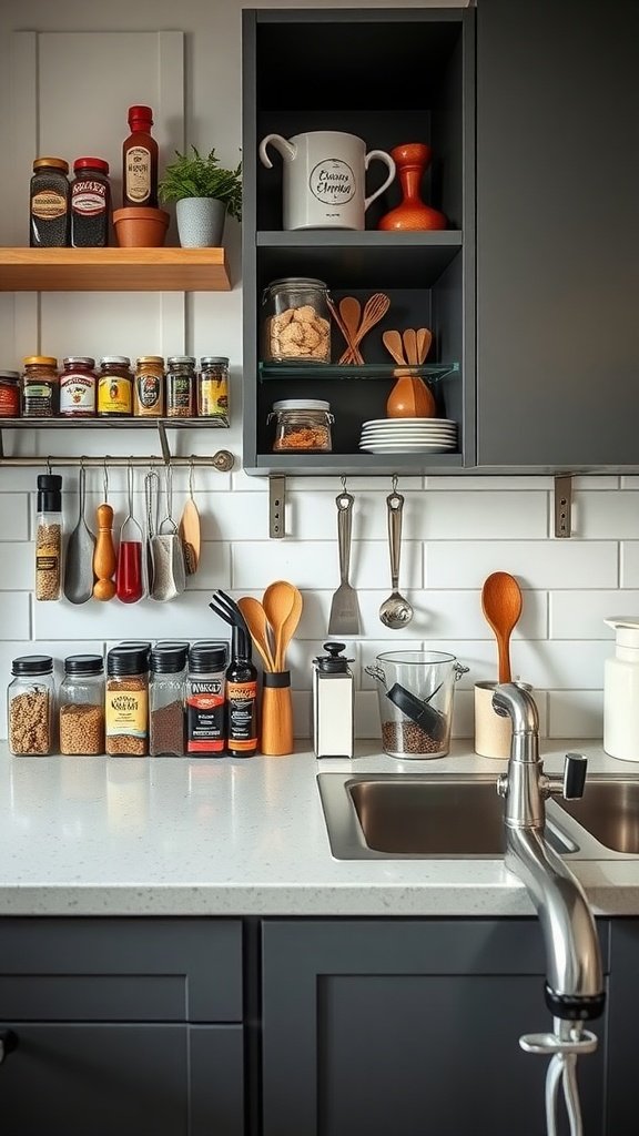 A compact kitchen with creative backsplash storage featuring open shelves, jars, and hanging utensils.