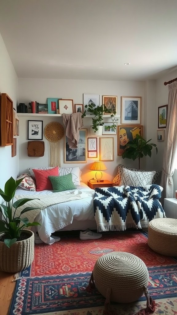 A cozy bohemian style bedroom with creative furniture arrangements, colorful pillows, artwork on the walls, and plants.