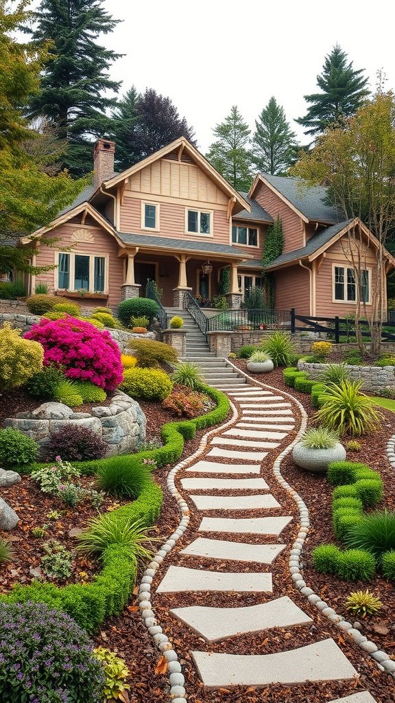 A beautifully landscaped hillside home with a winding stone pathway and vibrant flowers.