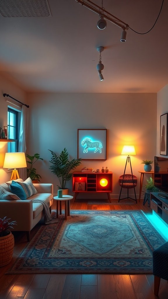 A cozy living room featuring modern 70s style decor with creative lighting solutions, including track lighting, a neon wall art, and warm lamps.