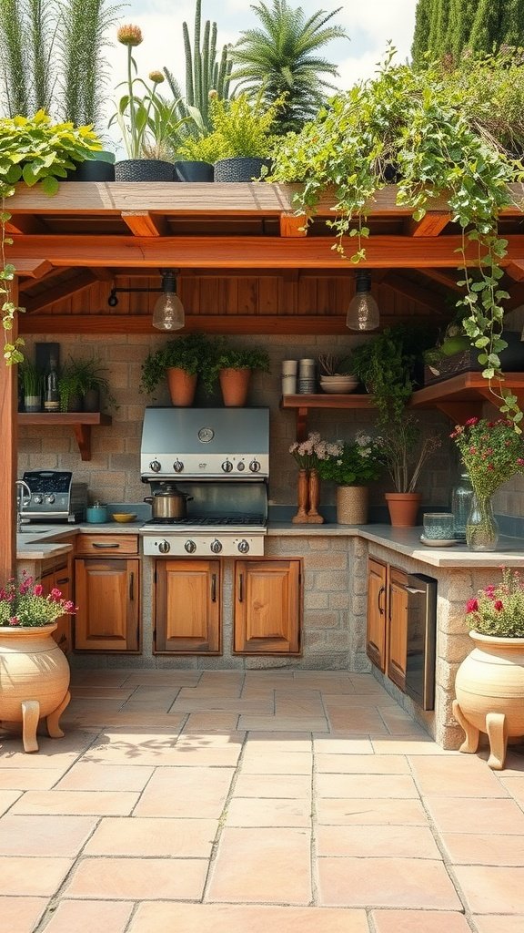 A creative outdoor kitchen with wooden cabinets, a grill, and vibrant plants overhead.