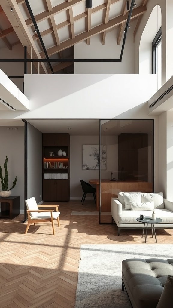A modern loft interior featuring a glass partition separating the living and dining areas, with wooden flooring and minimalist furniture.