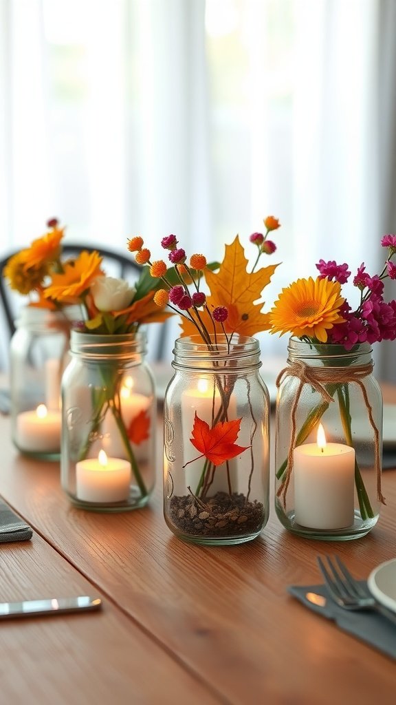 Mason jars with flowers and candles as a fall centerpiece on a wooden table