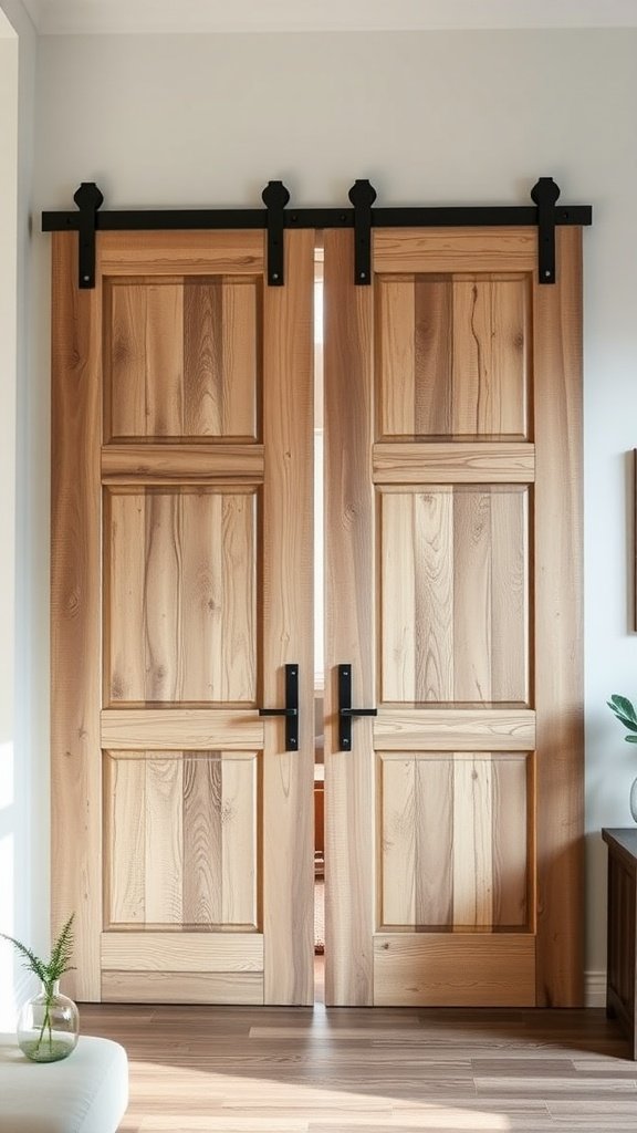 A set of wooden barn doors with a sleek design