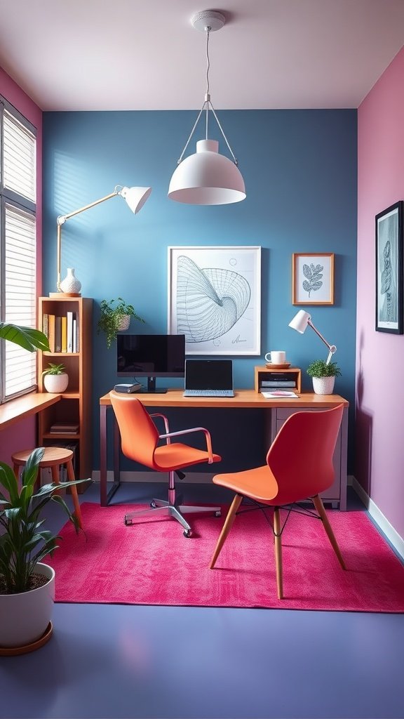 A stylish home office featuring blue and pink walls, orange chairs, a wooden desk, and indoor plants.
