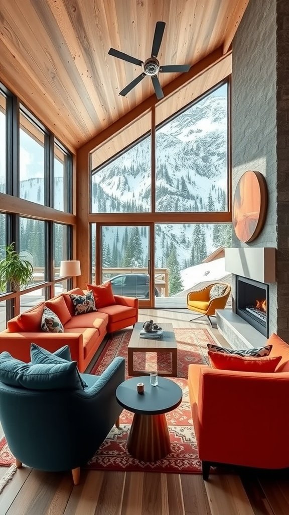 A modern mountain living room featuring colorful furniture and large windows with mountain views.