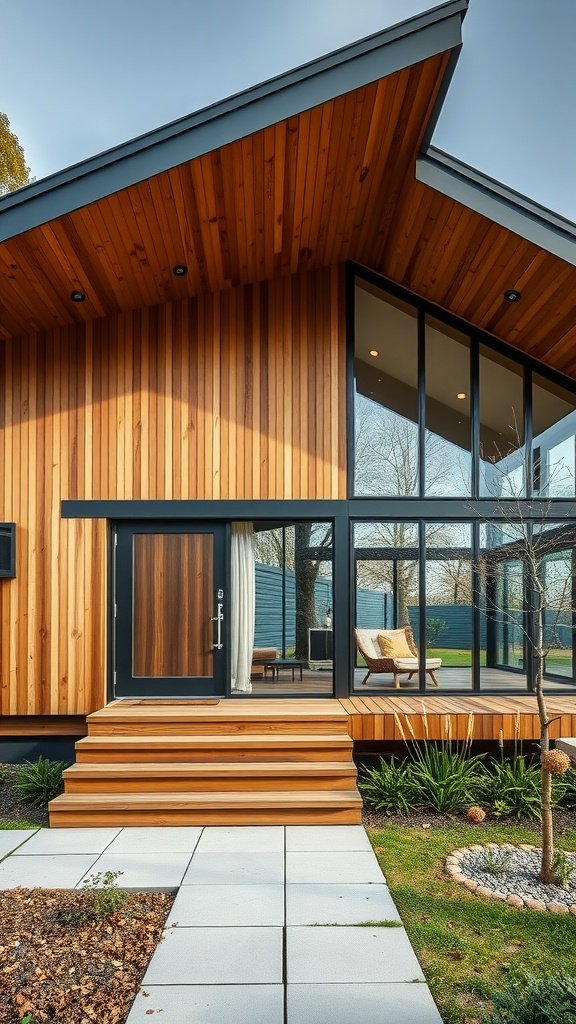 Modern house with wooden exterior and large glass windows, featuring a stylish entrance and landscaped garden.