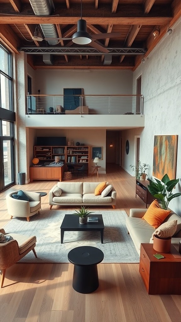 A cozy modern loft living room featuring high ceilings, large windows, and a thoughtful layout with stylish furniture and decor.