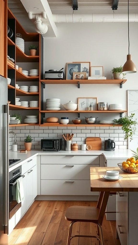 Modern loft kitchen featuring open shelves, sleek cabinetry, and warm wood accents.