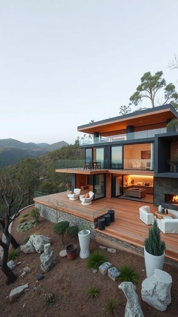 A modern hillside house with multiple levels and a spacious wooden deck, surrounded by natural landscaping.