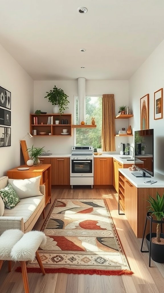 A modern small living space showcasing creative interior design with 70s elements.