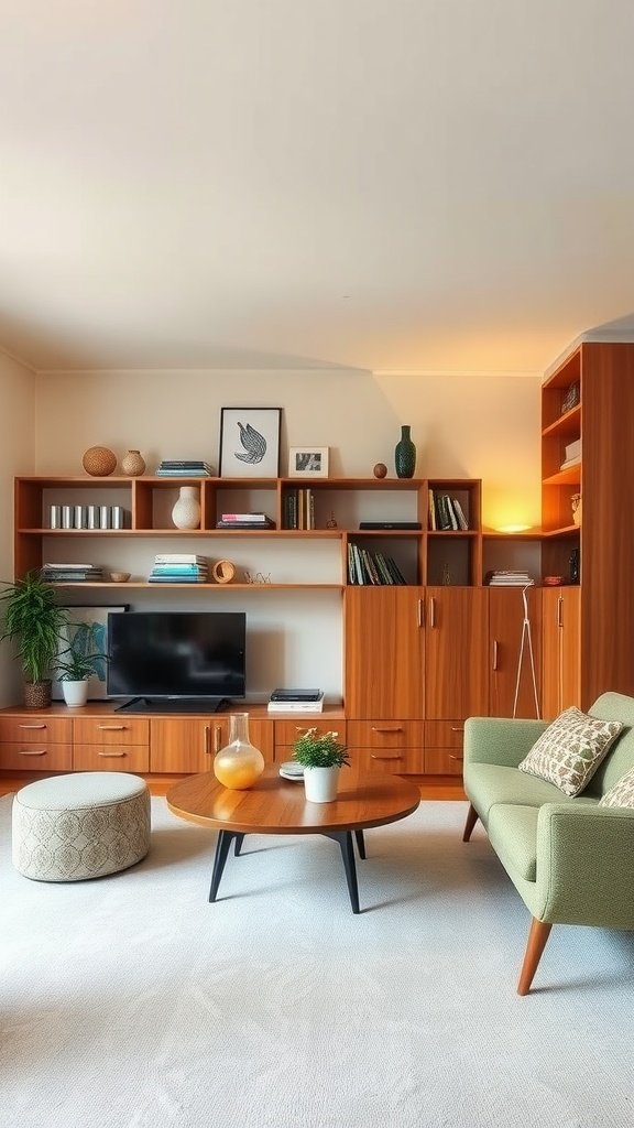 Cozy living area featuring mid-century modern style with built-in shelving and a circular coffee table.