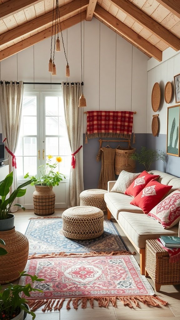 A cozy living room with warm wooden beams, a light-colored sofa adorned with patterned cushions, and vibrant rugs, featuring natural elements like plants and woven baskets.
