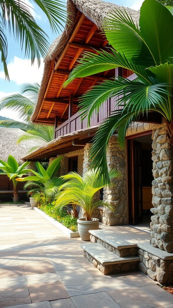 A tropical house featuring stone walls, wooden elements, and a thatched roof, surrounded by lush greenery.