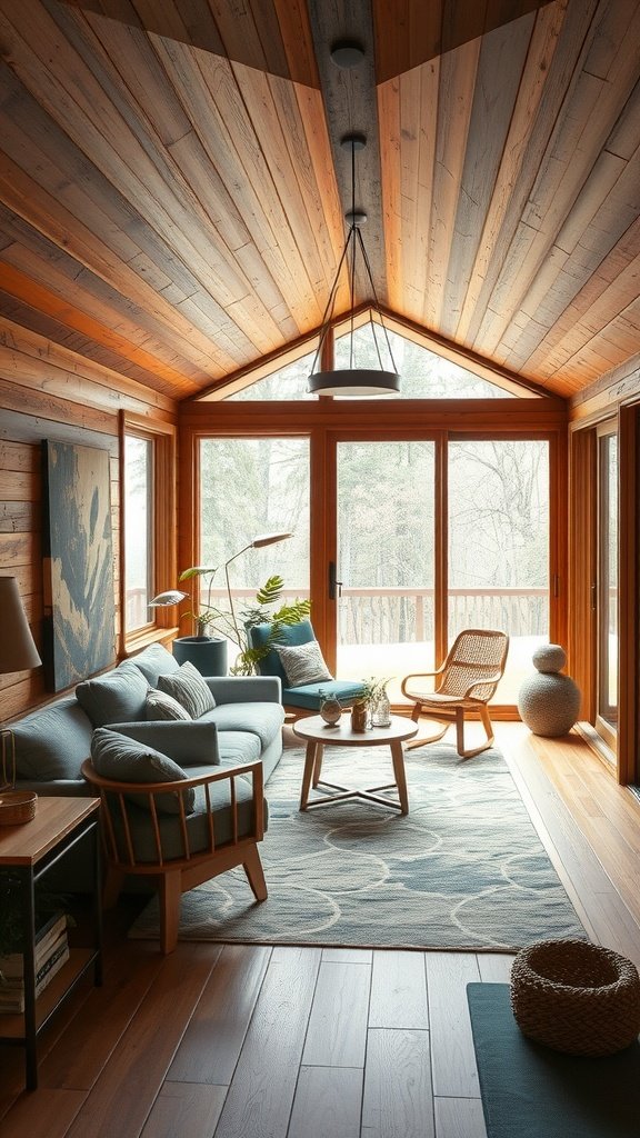 Interior of a mid-century modern cabin with wooden textures, large windows, and cozy furniture