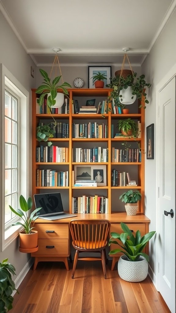 A cozy workspace featuring a tall bookshelf filled with books and plants, with a desk and chair beneath.