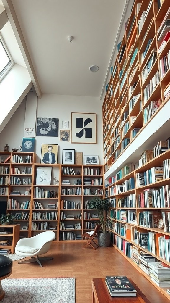 A modern loft interior with tall wooden bookshelves filled with books, artwork on the walls, and cozy seating.