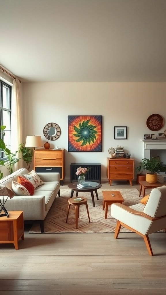 A cozy living room featuring vintage 70s style furniture, colorful art, and plants.