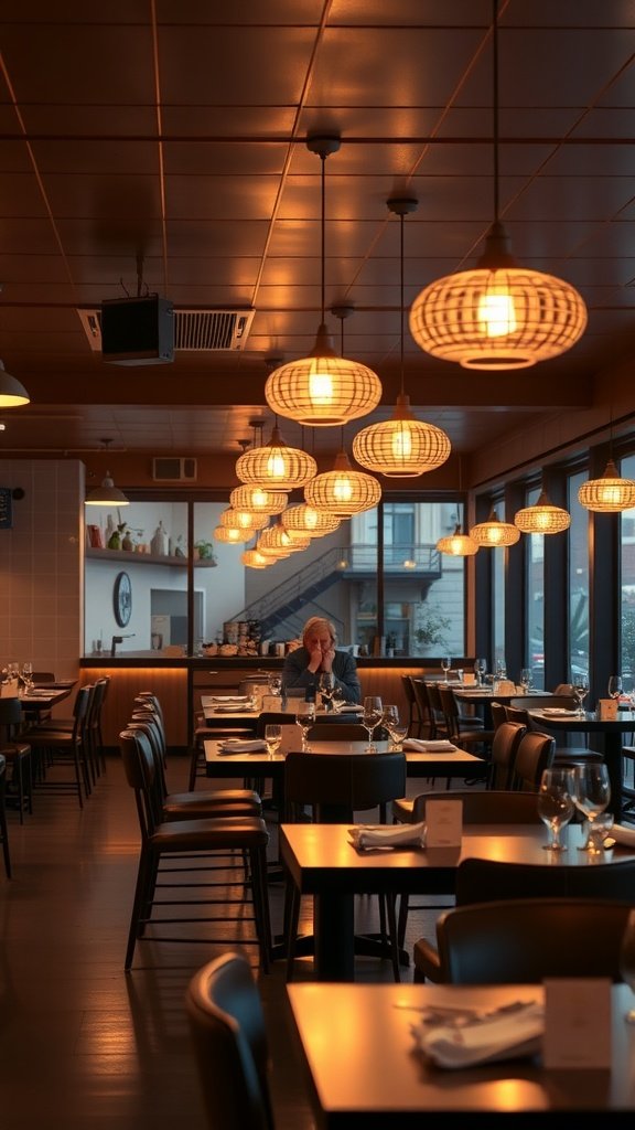 A warm and inviting restaurant with vintage-style pendant lighting creating a cozy atmosphere.