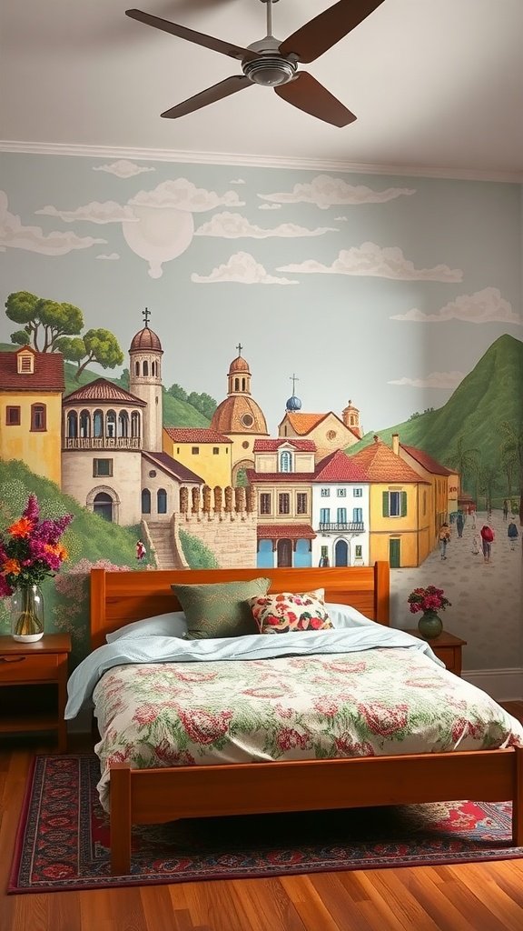 A cozy bedroom featuring a colorful wall mural of a Spanish village, with a bed and wooden furniture.