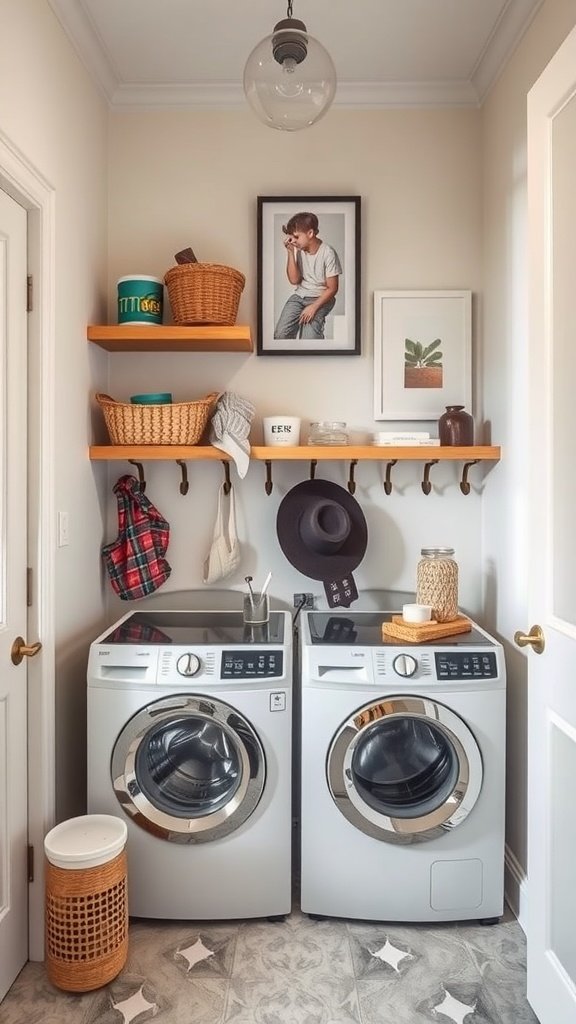 A cozy farmhouse laundry room featuring modern washing machines, wooden shelves with decorative items, and hooks for storage.