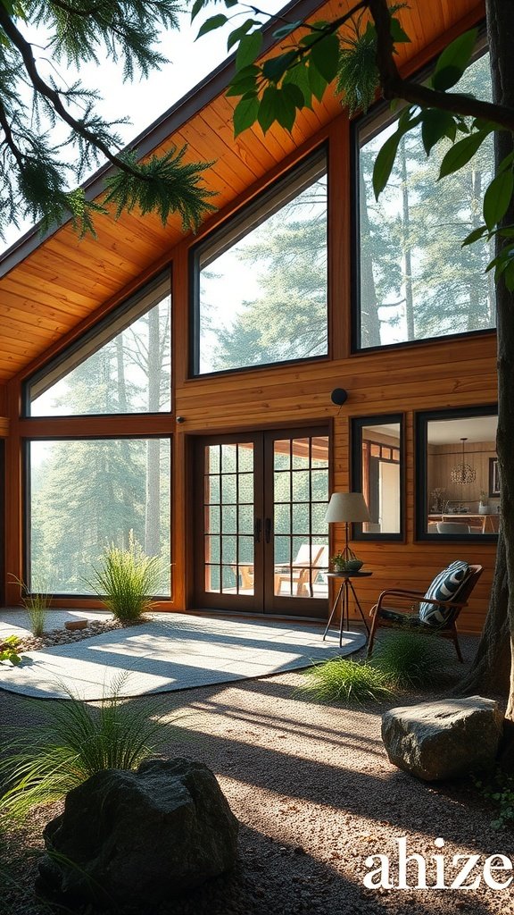 Modern cabin with large windows and wooden interior overlooking a natural landscape