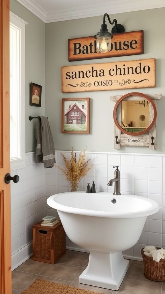 A farmhouse bathroom featuring creative wall art including wooden signs and framed pictures.