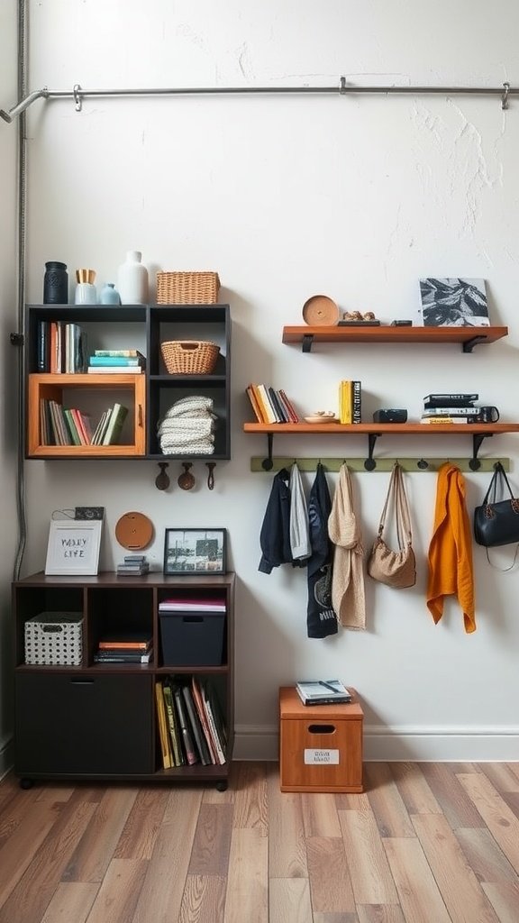 Creative wall storage solutions featuring open shelves, a black storage unit, and hooks for bags and jackets in a modern loft apartment.