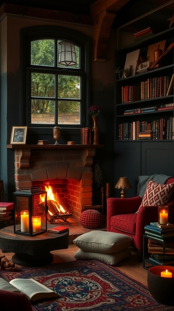 Cozy interior featuring a brick fireplace, plush red chairs, and a warm ambiance