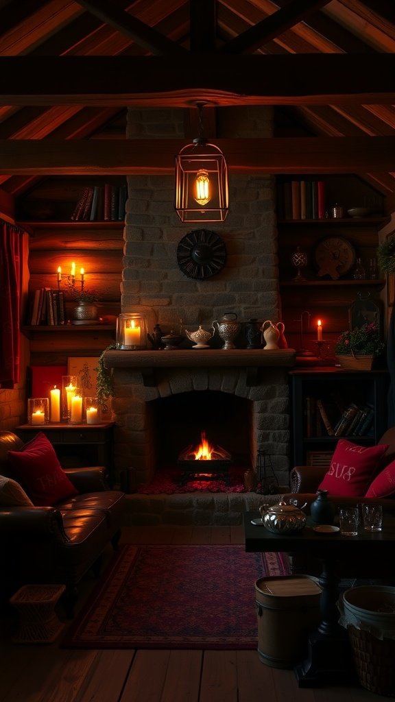 A cozy living room with a stone fireplace, warm lighting, and crimson accents.