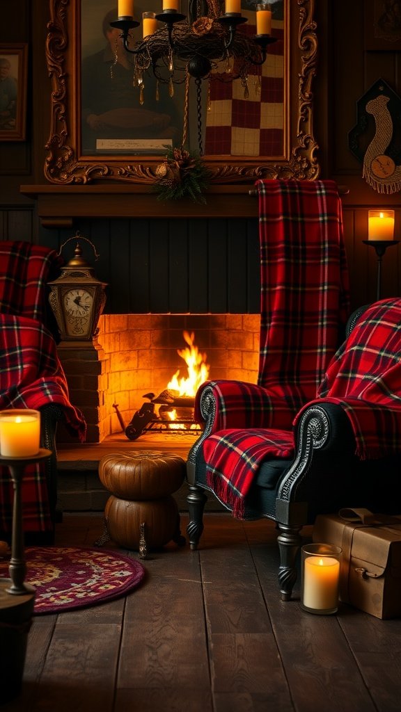 Cozy interior with crimson plaid chairs, a fireplace, candlelight, and vintage decor.