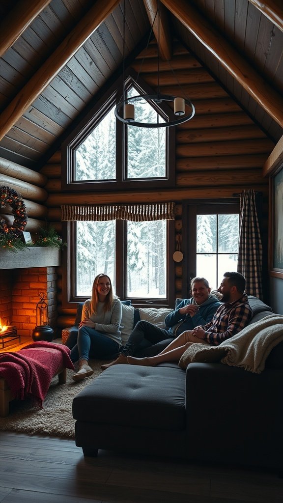 Cozy cabin interior with friends lounging by the fireplace