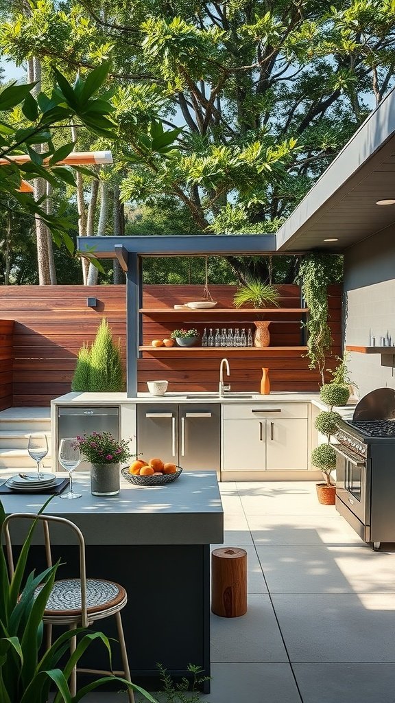 A modern outdoor kitchen with sleek design, featuring a grill, counter space, and greenery.