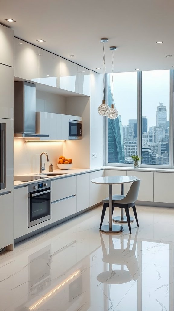 Modern kitchen design with sleek cabinets, city view, and small dining table.