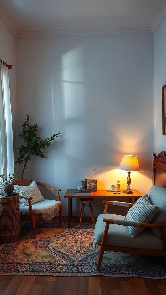 Cozy reading nook with two comfortable chairs, a small table with a lamp, and a potted plant.