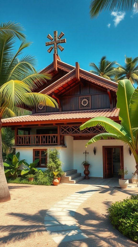 A modern tropical house with traditional architectural elements, surrounded by lush greenery and palm trees.