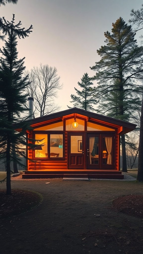A cozy mid-century modern cabin surrounded by trees at dusk