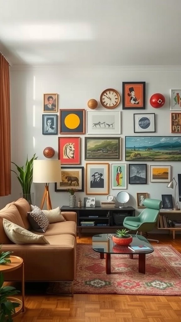 A retro-inspired living room with vintage art on the walls, a cozy sofa, and a green chair.