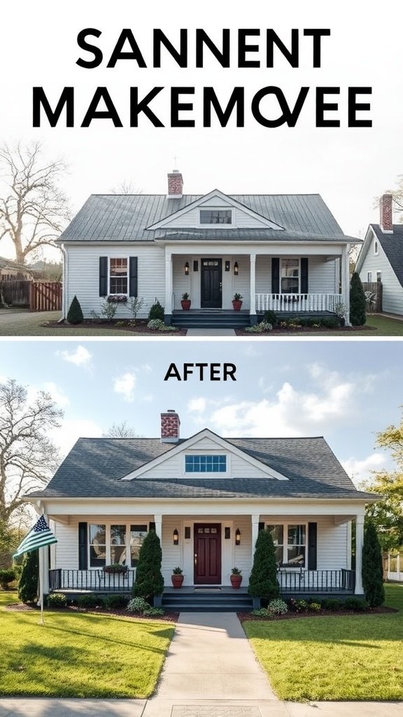 Before and after transformation of a farmhouse, showcasing exterior upgrades.