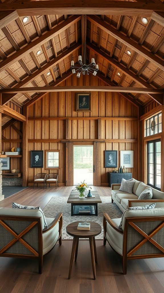 Cozy living space in a modern barn house with custom-made furniture and wooden architecture.