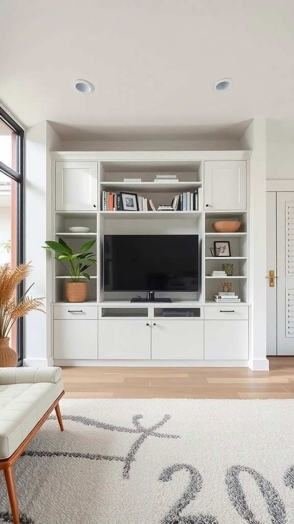 A modern living room featuring a custom built-in furniture unit with a TV, shelves, and a stylish armchair.