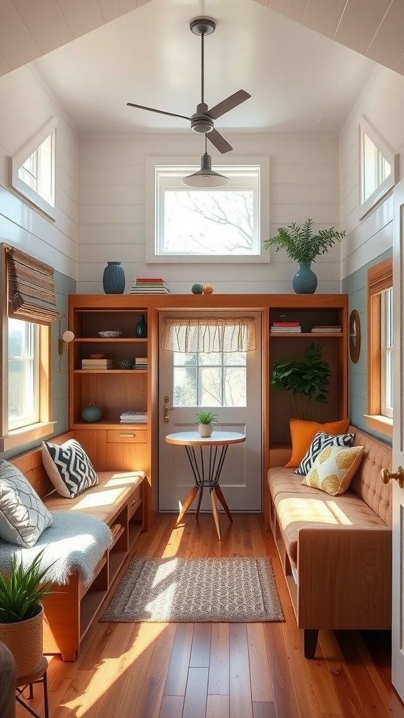 A cozy interior of a mid-century modern tiny house with custom built-ins, showcasing a warm and inviting atmosphere.