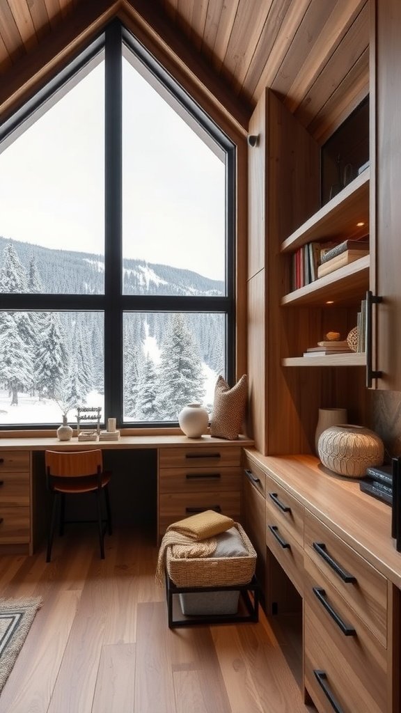 Cozy workspace in a modern mountain home with a large window and custom built-ins