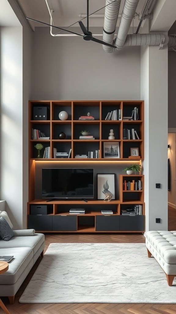 Living room with custom built-ins for storage, featuring a mix of open and closed shelving in a modern loft.