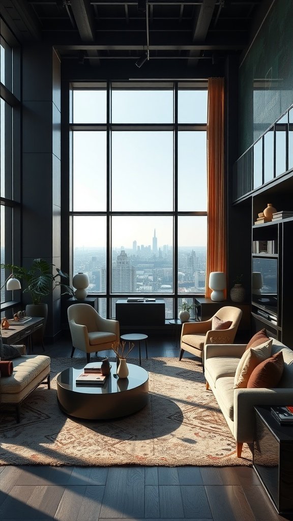 A modern living room in a luxury penthouse with large windows and stylish furniture.