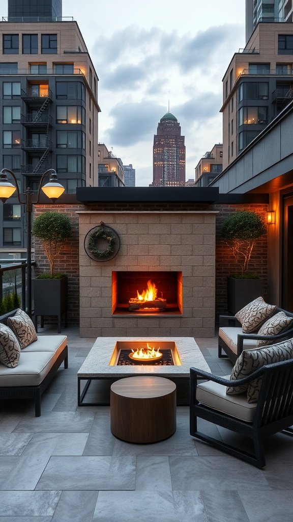 Luxurious outdoor terrace featuring a custom fireplace with seating and a city view.