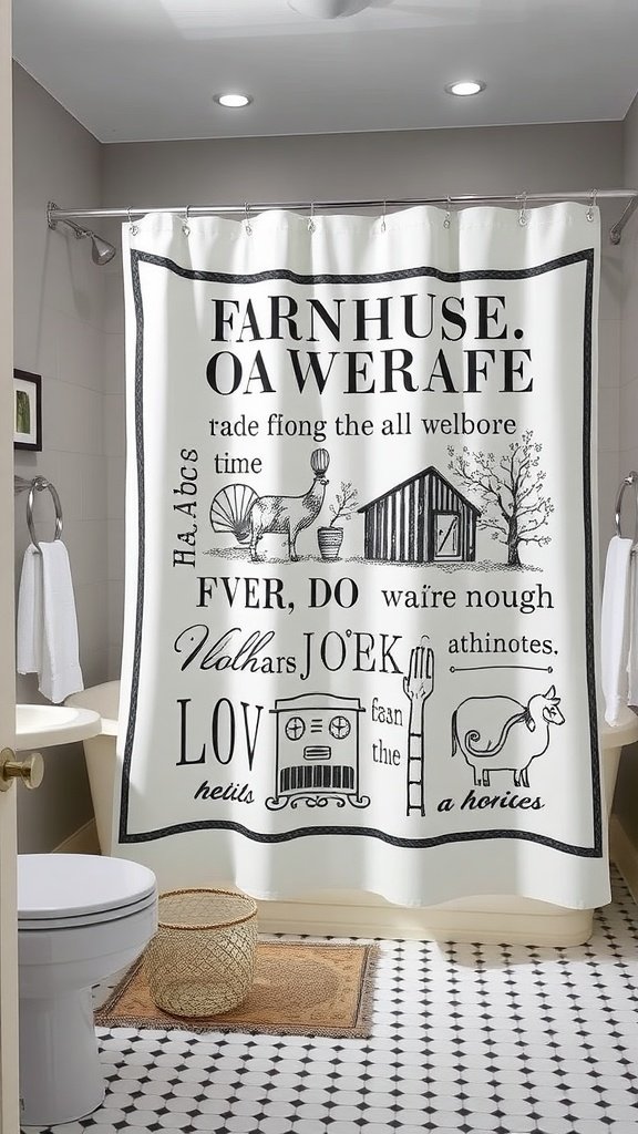 Customized farmhouse shower curtain with farm-themed designs and text