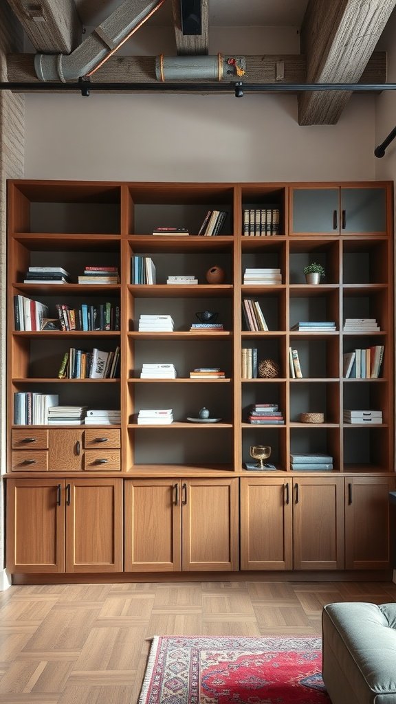 A modern wooden shelving unit with open shelves and closed cabinets in a loft setting.