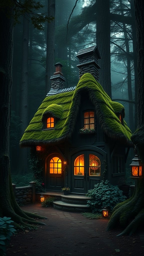 A cozy dark cottage with a moss-covered roof, glowing windows, and surrounded by tall trees in a misty forest.