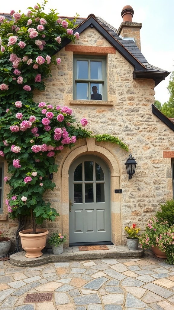 Charming stone guesthouse with climbing pink flowers and a welcoming entrance